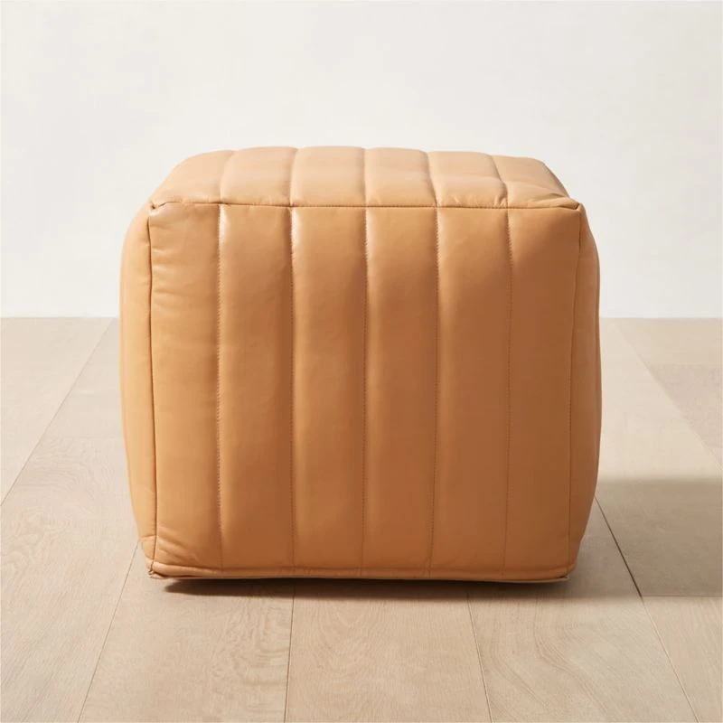 Groove Channeled Saddle Leather Pouf 3 Groove Channeled Saddle Leather Pouf