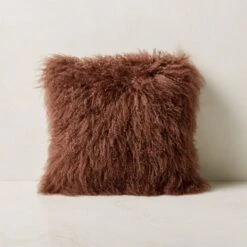 Mongolian Brown Sheepskin Fur Throw Pillow With Down-Alternative Insert 16''