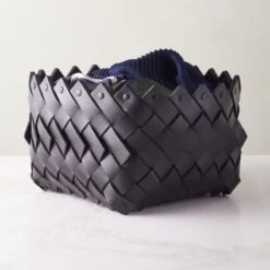 Willa Woven Black Leather Storage Basket Small -Home Furnishing Shop WillaBkLthrWovenBasketSmAVSHF22
